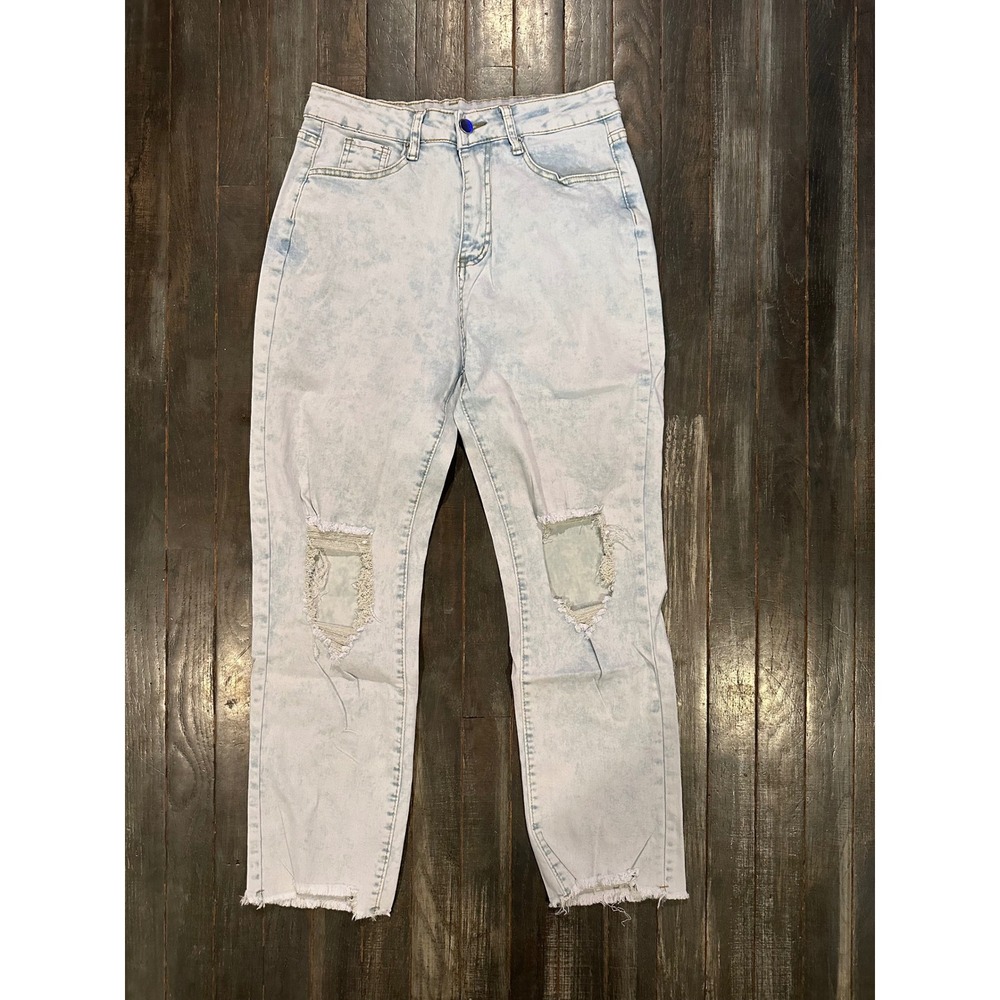 High Waisted Acid Wash Distressed Straight Leg Jeans Light Blue Frayed Hem